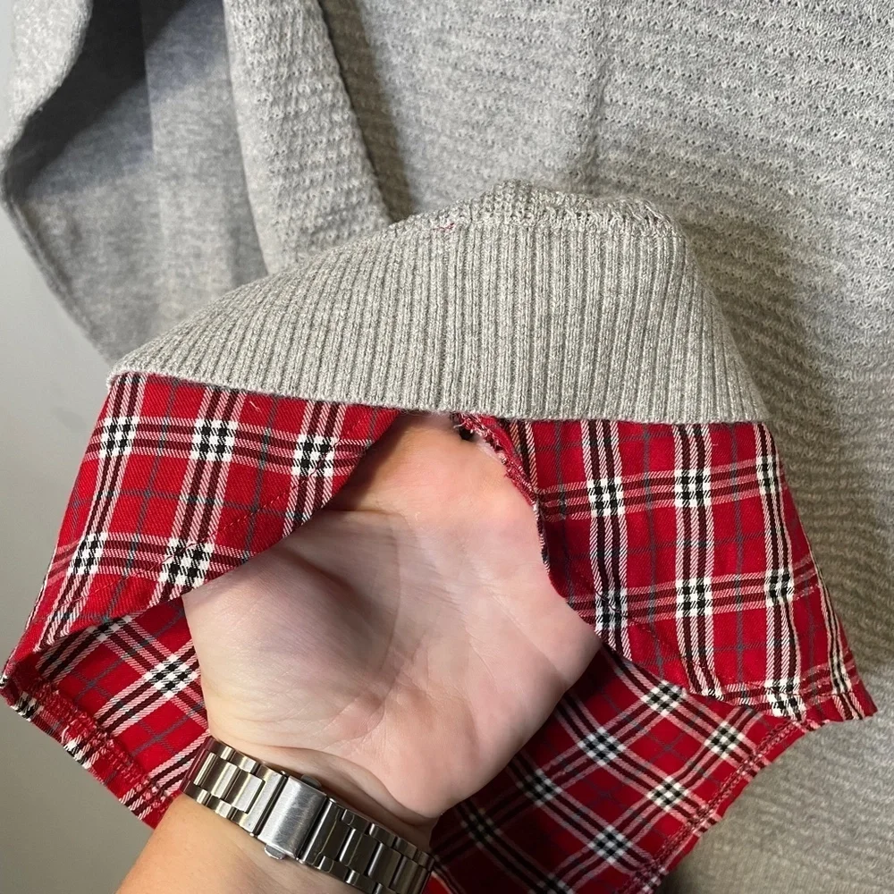 Christopher & Banks Grey Sweater Red plaid Holiday 100% Cotton Stretch Size XL